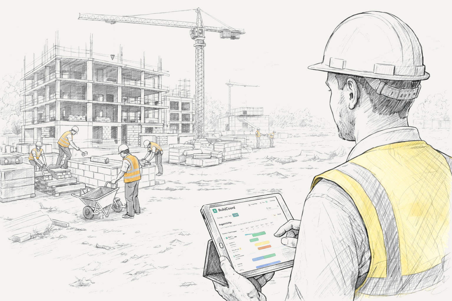 Byggeleder på byggeplads med tablet der viser BuildCoord